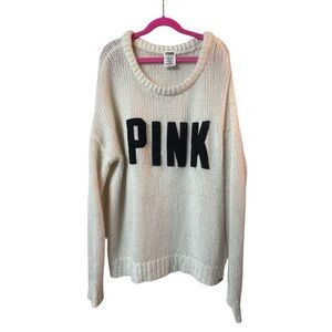 PINK Victoria's Secret Cream with Navy PINK Logo Wool/Mohair Blend Sweater M